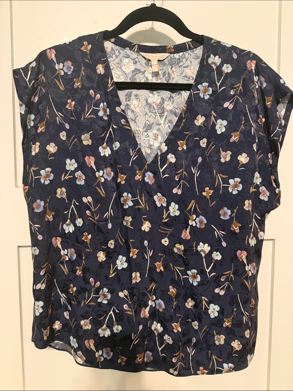 Rebecca Taylor Silk Blend Navy Floral V-Neck Cap-Sleeve Blouse Size 8
